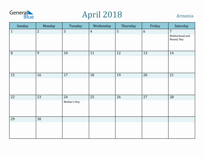 April 2018 Calendar with Holidays