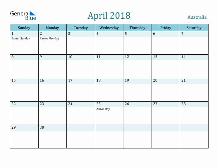 April 2018 Calendar with Holidays