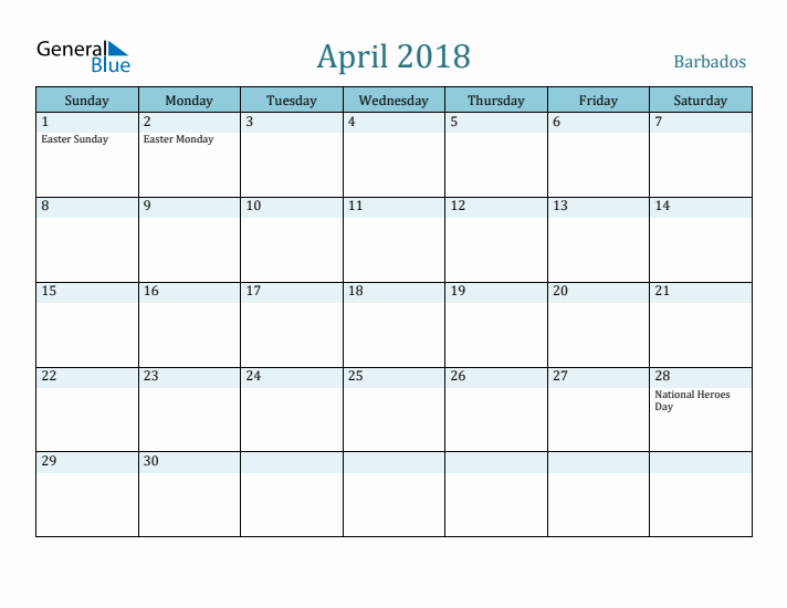 April 2018 Calendar with Holidays