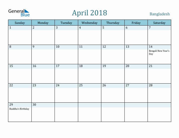 April 2018 Calendar with Holidays