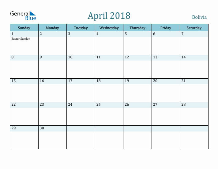 April 2018 Calendar with Holidays