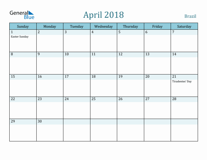 April 2018 Calendar with Holidays