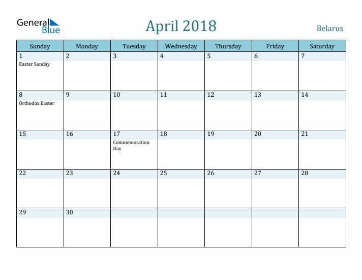 April 2018 Calendar with Holidays