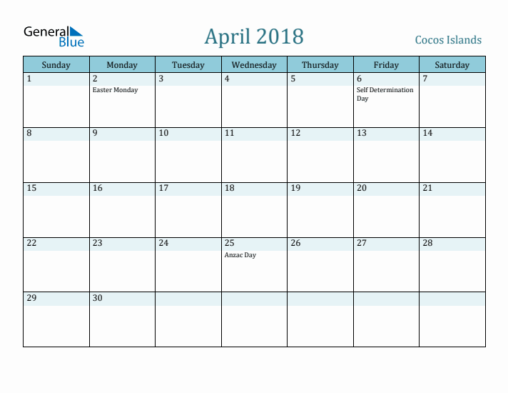 April 2018 Calendar with Holidays