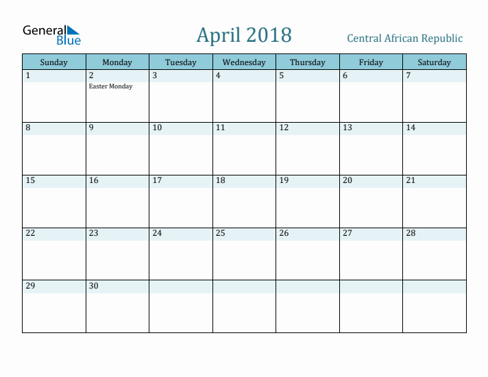 April 2018 Calendar with Holidays