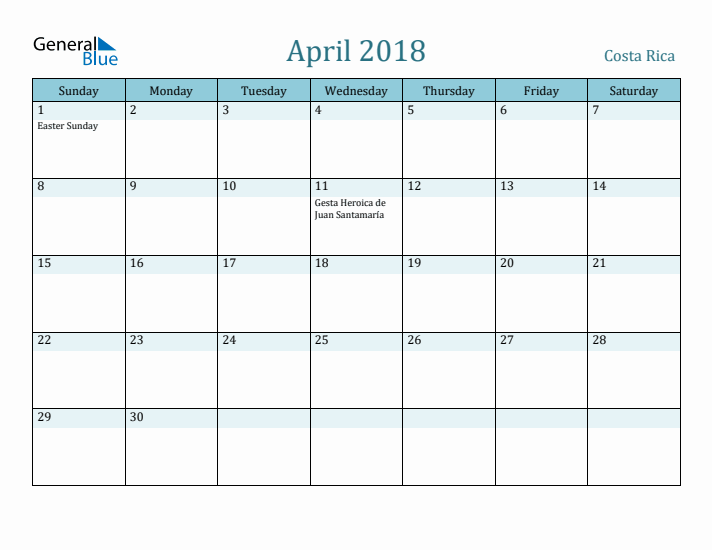 April 2018 Calendar with Holidays