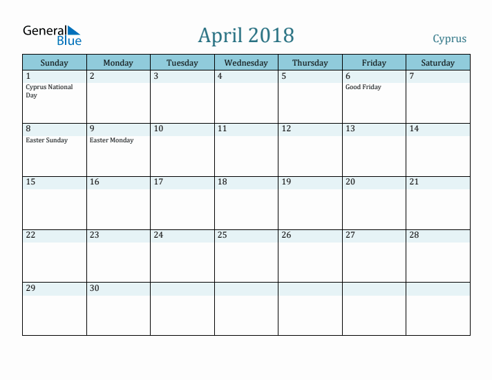 April 2018 Calendar with Holidays