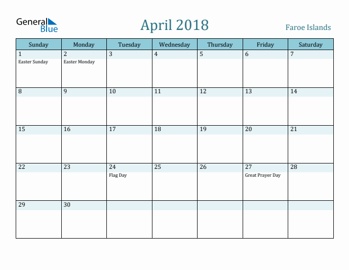 April 2018 Calendar with Holidays