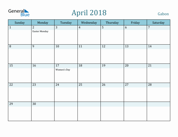 April 2018 Calendar with Holidays