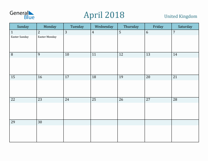 April 2018 Calendar with Holidays