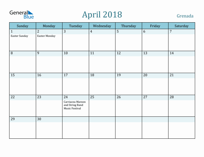 April 2018 Calendar with Holidays