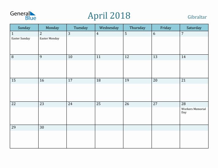 April 2018 Calendar with Holidays