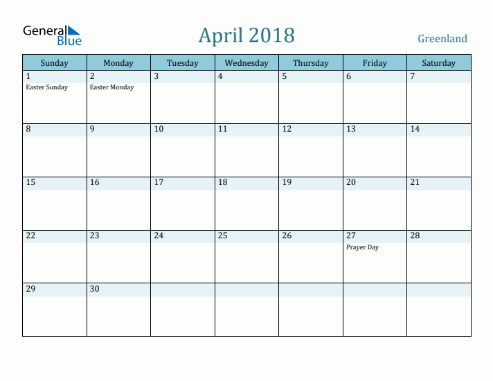 April 2018 Calendar with Holidays