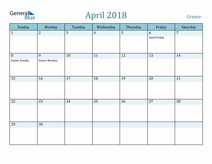 April 2018 Calendar with Holidays