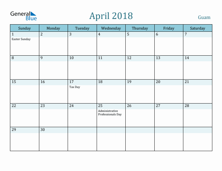 April 2018 Calendar with Holidays