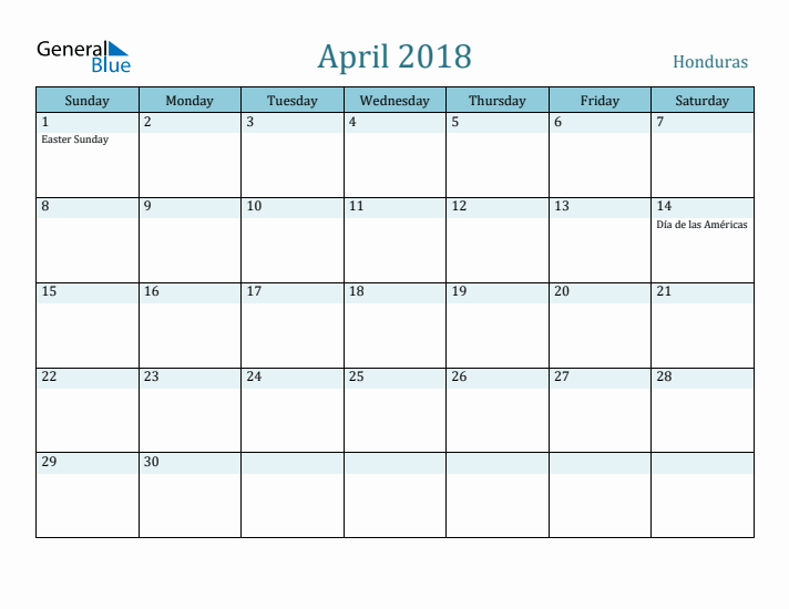 April 2018 Calendar with Holidays