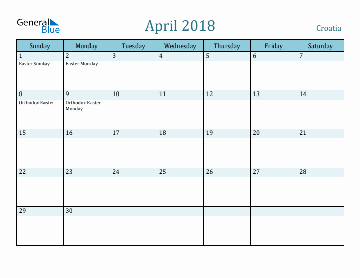 April 2018 Calendar with Holidays