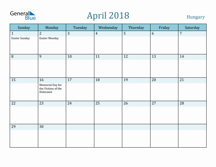 April 2018 Calendar with Holidays