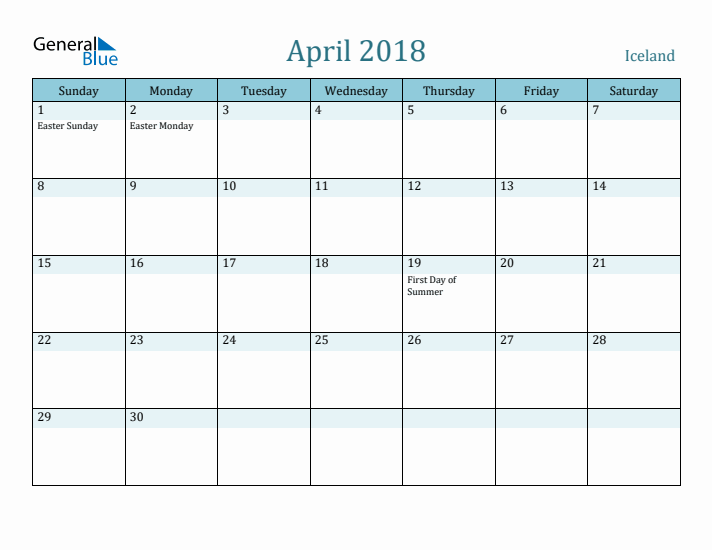 April 2018 Calendar with Holidays