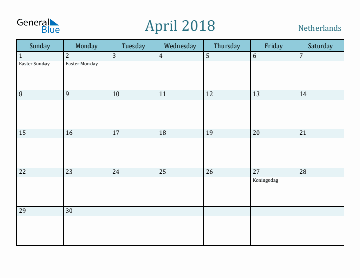 April 2018 Calendar with Holidays