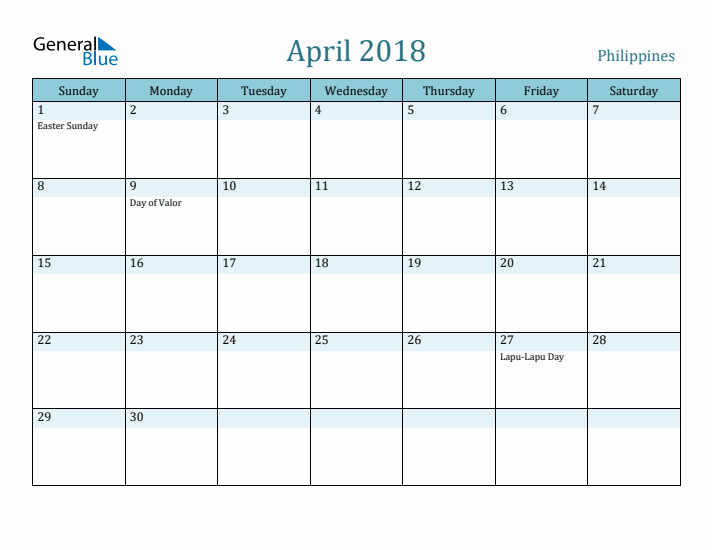 April 2018 Calendar with Holidays