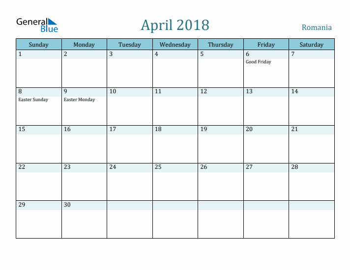 April 2018 Calendar with Holidays