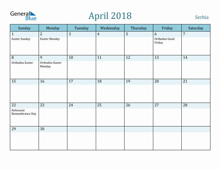 April 2018 Calendar with Holidays