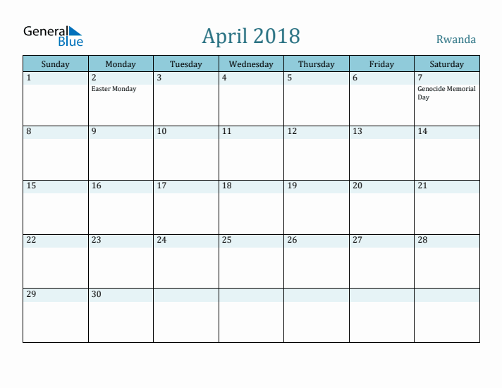 April 2018 Calendar with Holidays