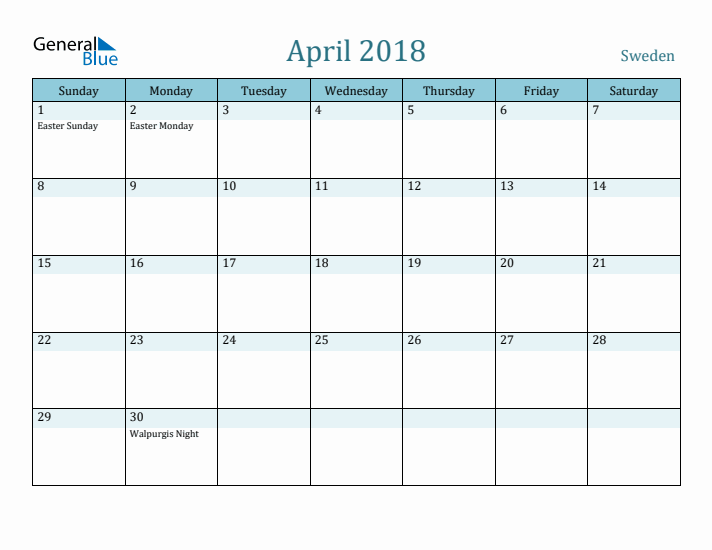 April 2018 Calendar with Holidays