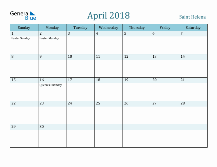 April 2018 Calendar with Holidays