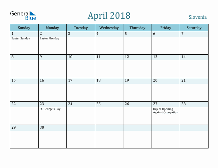 April 2018 Calendar with Holidays