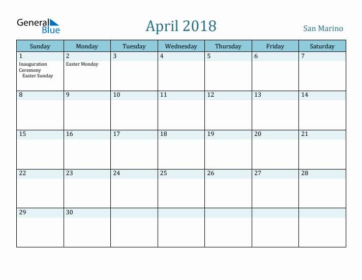 April 2018 Calendar with Holidays