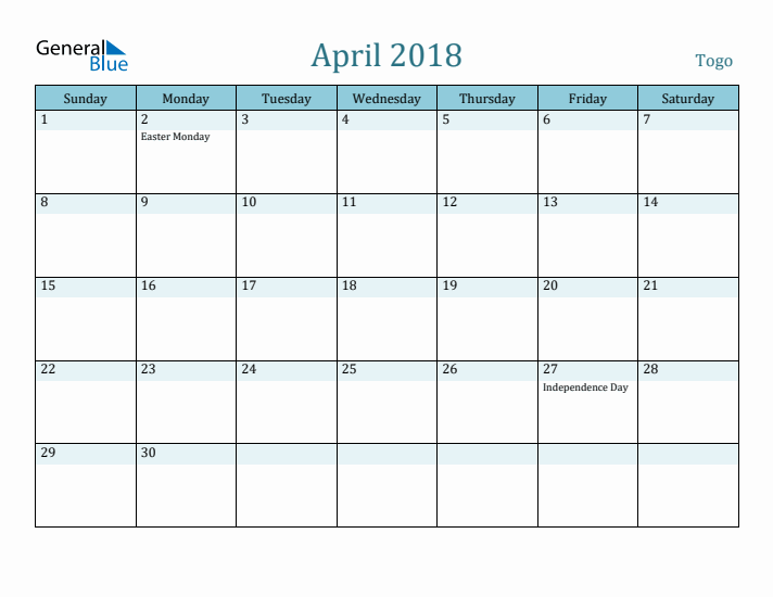 April 2018 Calendar with Holidays