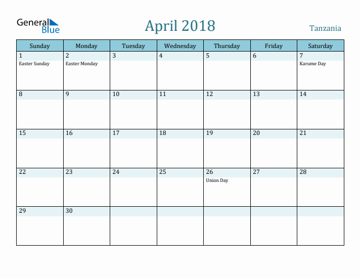 April 2018 Calendar with Holidays