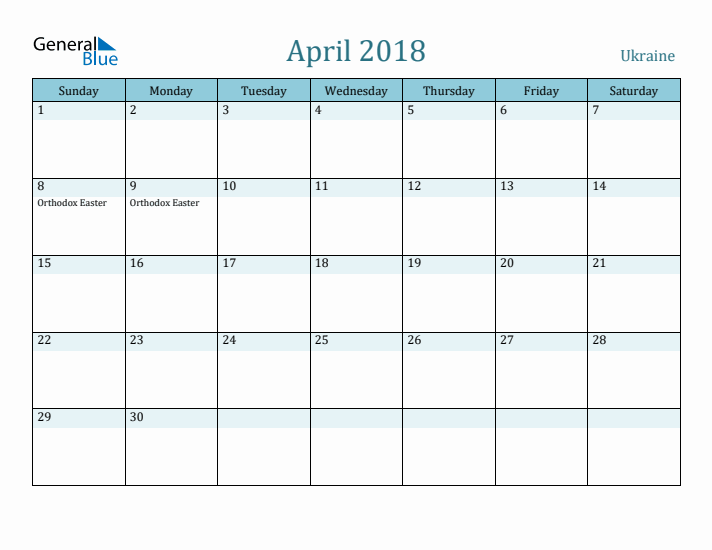 April 2018 Calendar with Holidays