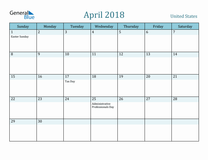 April 2018 Calendar with Holidays