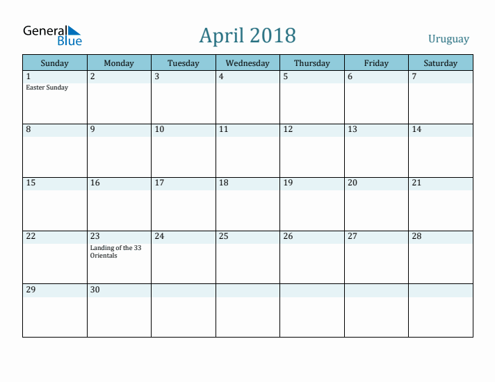 April 2018 Calendar with Holidays