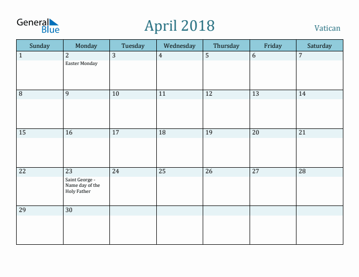 April 2018 Calendar with Holidays