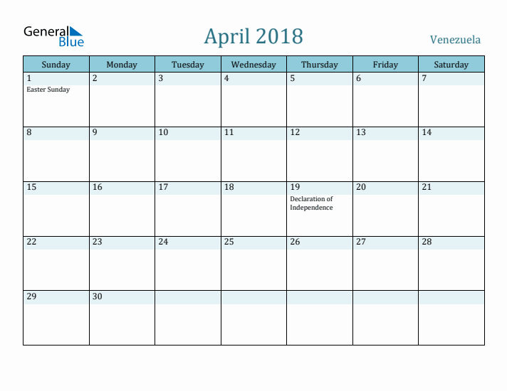 April 2018 Calendar with Holidays