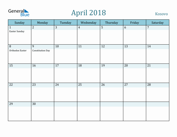 April 2018 Calendar with Holidays