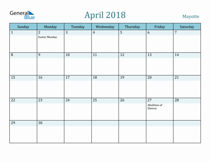 April 2018 Calendar with Holidays