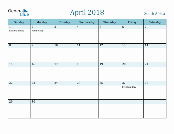 April 2018 Calendar with Holidays