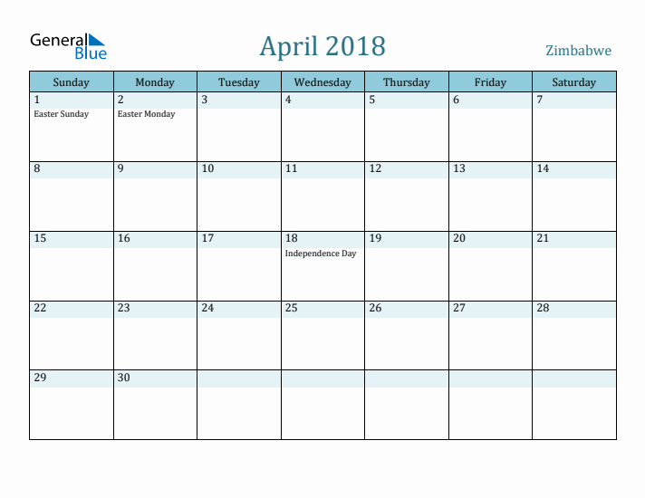 April 2018 Calendar with Holidays