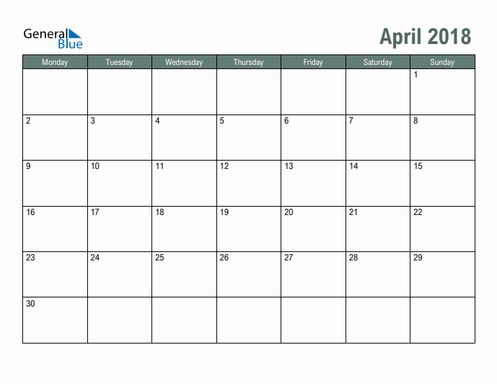 Free Printable April 2018 Calendar