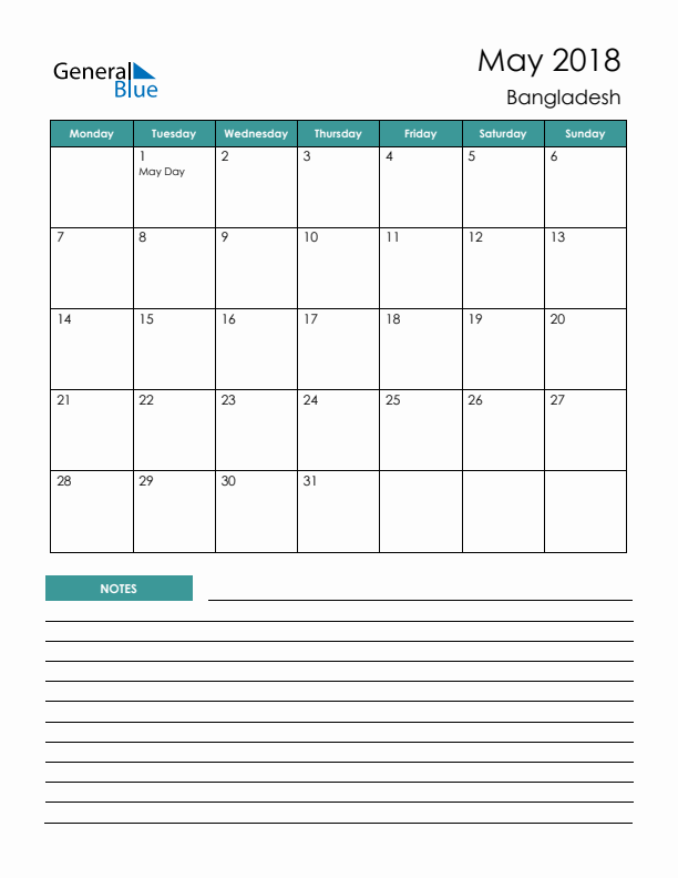 Calendar with Notes Printable - Monday Start