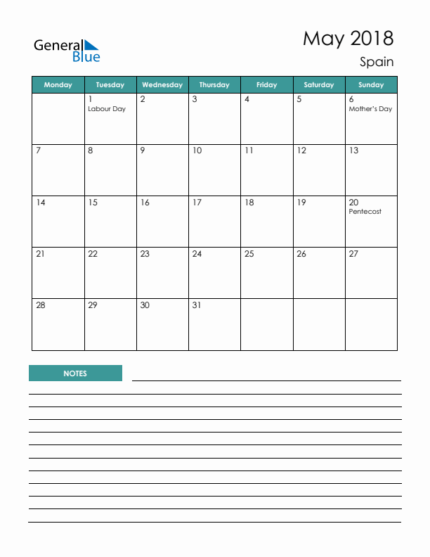 Calendar with Notes Printable - Monday Start