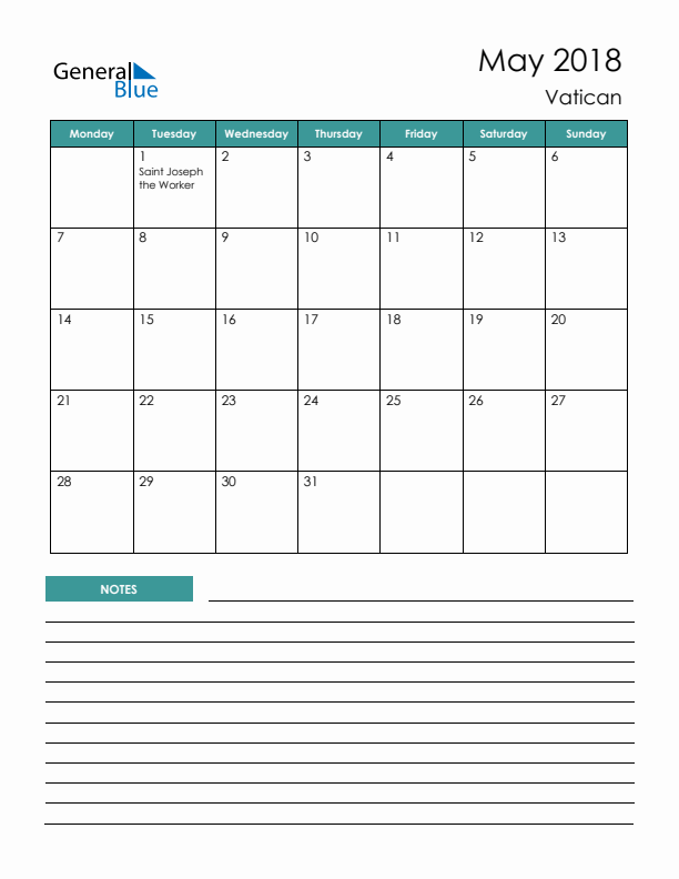 Calendar with Notes Printable - Monday Start