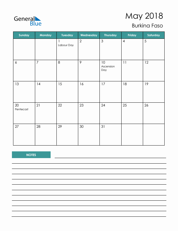 Calendar with Notes Printable - Sunday Start