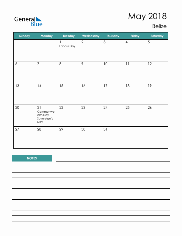 Calendar with Notes Printable - Sunday Start