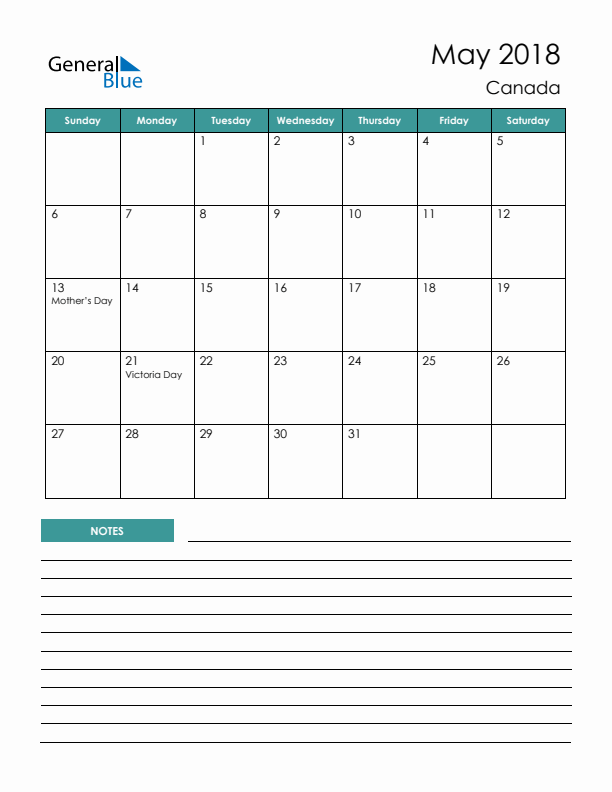 Calendar with Notes Printable - Sunday Start